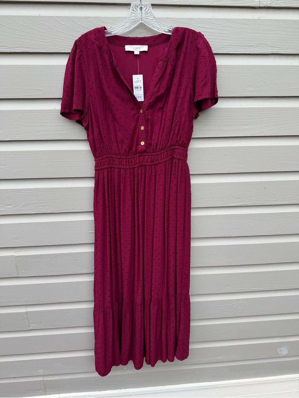 LOFT Wine-Red Button Front Midi Dress